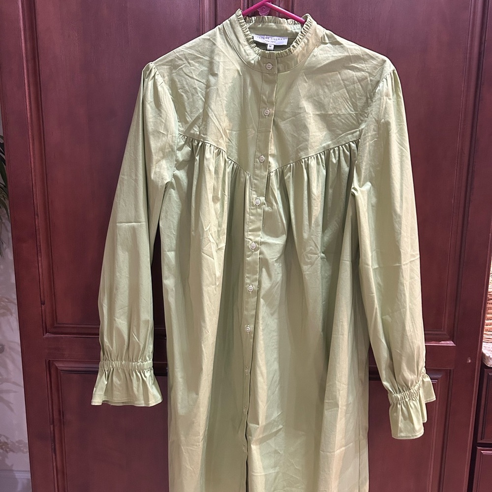 Olive Green Button-Up Dress with Ruffle Sleeves
